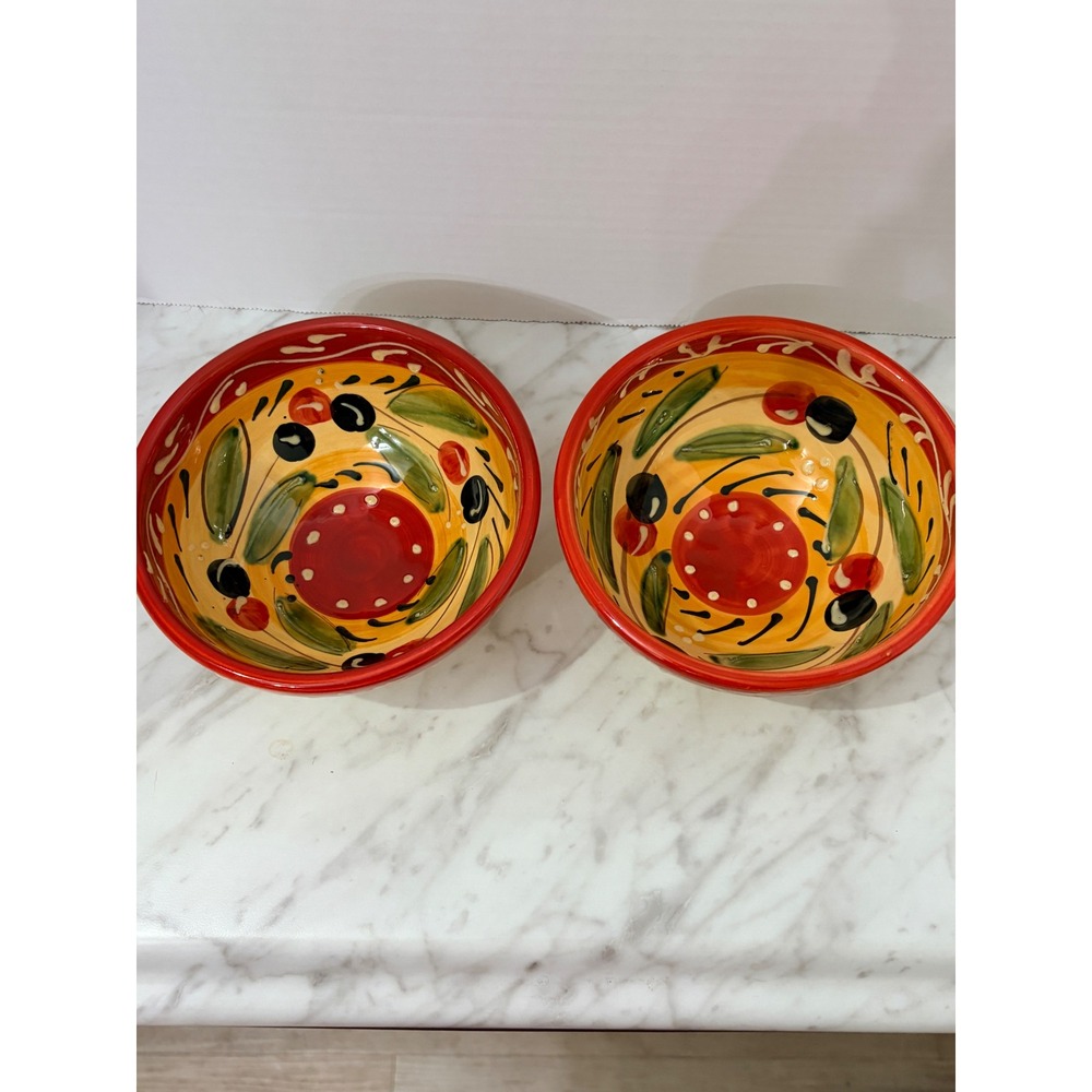 Pier 1 Imports Hand Painted Ceramic Olive Bowls Spain Set of 2 Yellow Red 5.5in